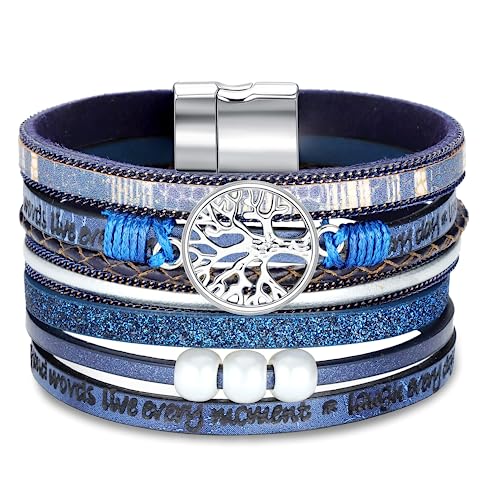 Dochais Armband Wickelarmband Damen in Leder mit Baum des Lebens, Blau Mehrschichtiges Lederarmband, Perle Kette und Magnetverschluss Silber