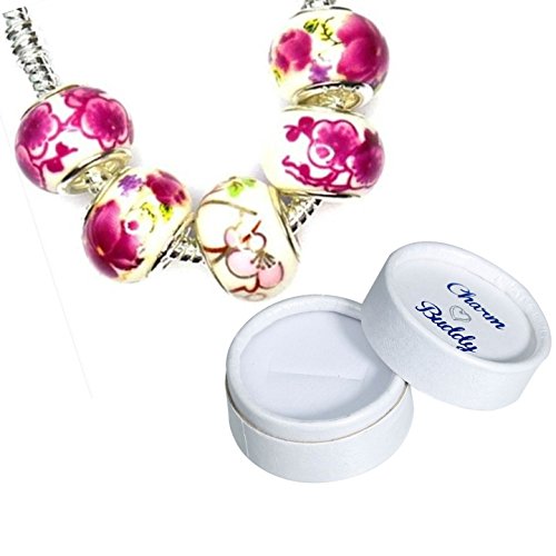 Charm-Anhänger, Perlen, 5 Stück Pink weiß mit Blumenmuster, Keramik, für Damen/Mädchen, passend für Pandora-Armbänder, inkl. Geschenkbeutel