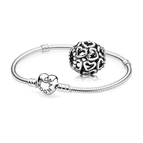 Original Pandora Geschenkset - 1 Silber Armband 590719-19 mit Herz Schließe + 1 Silber Element 790964 Herzstrudel