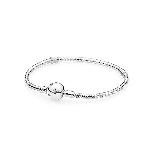 PANDORA Disney, Moments Sparkling Mickey Mouse & Snake Chain Schlangen Armband aus Sterling Silber mit Zirkonia Steinchen - Kompatibel Moments Armbänder - Größe 17