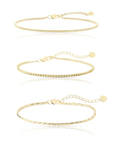 Made by Nami Herren Armband Set aus Edelstahl Silber/Gold • 2x Minimalistisches Armband Herren • Armbänder für Herren • Silberarmband Männer • Filigrane Cuban Link Chain Armkette (3er Set Gold)