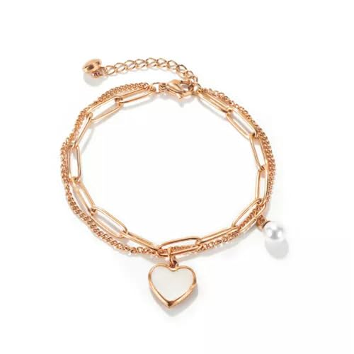 Damen Mädchen Edelstahl Liebe Herz baumeln Perlen Kette Charm Armband Geschenk-Roségold
