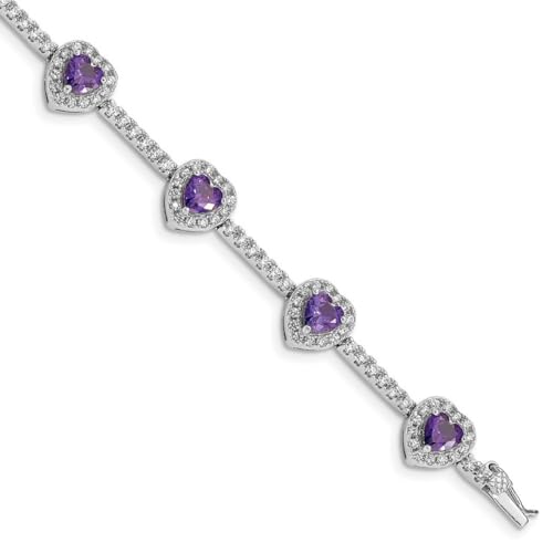 Armband aus 925er-Sterlingsilber, polierter Sicherheitsverschluss, Amethyst und klarer Zirkonia, simulierter Diamant, Herz-Armband, 18 cm, Kastenverschluss, 10 mm breit, Schmuck für Damen, 18 cm,