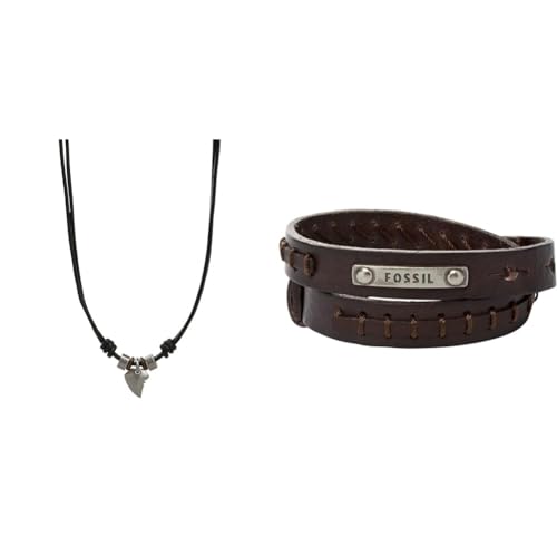 Fossil Herrenschmuck aus edelstahl, 42cm + 5cm Verlängerung, Anhänger: 15 x 13 mm & Herrenarmband Doppelwickel in braun, JF87354040