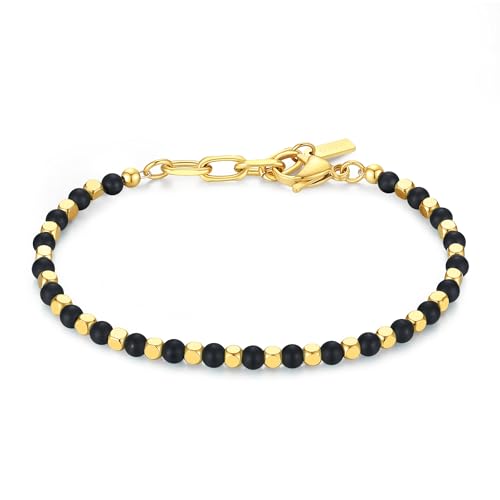 GAVU Kristall Armband Herren mit Matten Onyx und 18K Quadratischen Goldenen Perlen