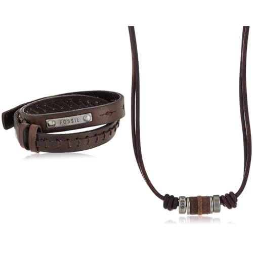 Fossil Herren Halskette aus Edelstahl und Leder 0.6 x 41.1 x 2.2 & Herrenarmband Doppelwickel in braun, JF87354040