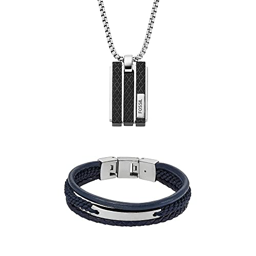 Fossil Herrenkette Textured Plaque Anhänger Edelstahl, JF04412040 + Herrenarmband Drew mehrsträngig Leder nachtblau, JF04403040