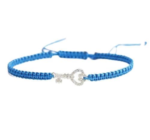 Queenberry Sterling Silber Zirkonia CZ Schlüssel w/Love blau Hand geflochten verstellbar Armband