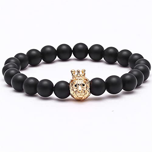 Chtom Armband perlen, männer Armband Buddha armle Marke naturstein wulst Armband Gold löwen Kopf Krone könig Charme Valentine schmuck (Color : Pure Gold Color)