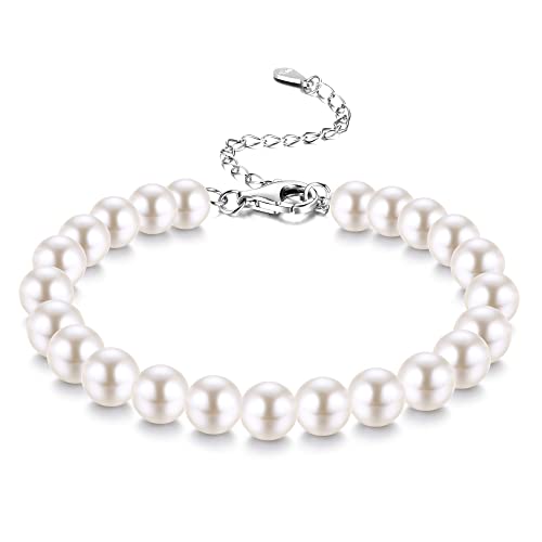 JeweBella 4MM/6MM/8MM Perlenarmband Damen Silber 925 Armband Perlen für Frauen Mädchen Länge 18+6CM Verstellbar Klassische Weiß Pearls Armband mit Box