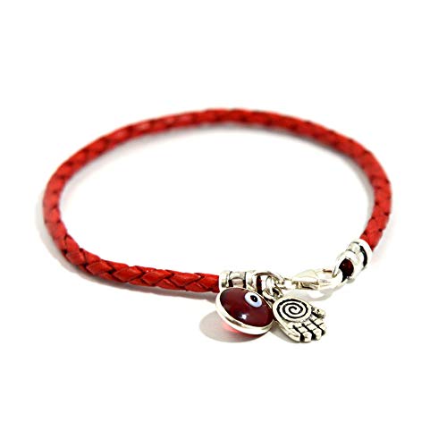 MIZZE Made for Luck Spirale Hamsa zum Schutz aus Sterlingsilber auf rotem geflochtenem Lederarmband - 18 cm, 18 cm, Leder