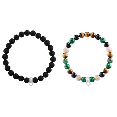 THOMAS SABO Damen-Armreifen Künstliche Perle X0219-023-11-L16,5 & Damen Charm-Armband Tigerauge Malachit Jaspis Obsidian 925 Sterling Silber X0217-947-7