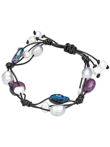 Valero Pearls Damen-Armband Hochwertige Süßwasser-Zuchtperlen 5-8 mm Oval weiß/silbergrau/pfauenbl au Lederarmband schwarz Amethyst lila