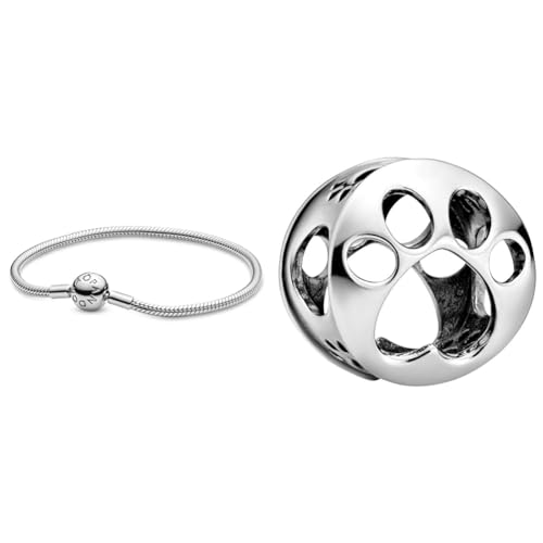 Pandora Damen-Armband mit Kugelverschluss, glatt 925 Silber 18 cm-590728-18 & Offen gearbeiteter Hundepfotenabdruck Charm Sterling-Silber 9 x 11,5 x 11,5 mm (T/H/B)