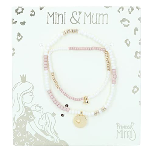 Depesche 12145 Princess Mimi Mini&Mum - 2er Armband-Set für Mutter und Tochter mit Herz-Anhänger, Perlen-Schmuck in Weiß, Gold und Rosa