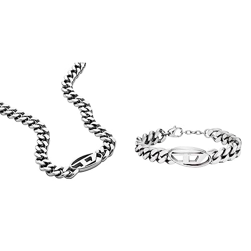 Diesel Halskette für Männer Edelstahl Choker,Länge: 450mm+50mm, Breite: 32mm, Höhe: 15.5mm, DX1433040+Armband für Männer, Edelstahlkettenarmband, Länge: 198mm+18mm, Breite: 32mm,: 15.5mm, DX1432040