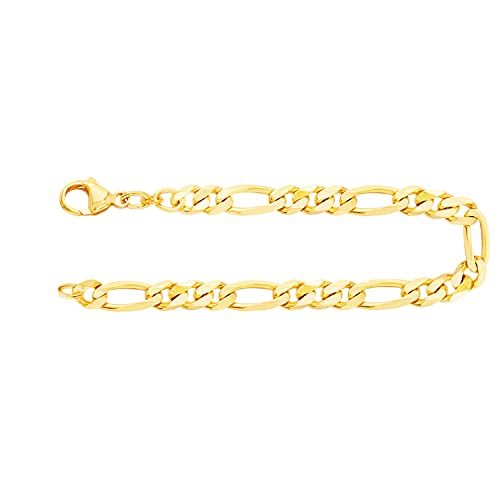 EDELIND 585/14K Gold Armband Herren 5.3 mm Bracelet Figarokette diamantiert Gliederung 3+1 Gelbgold L 21cm Armkette inkl Schmuck Geschenk Box