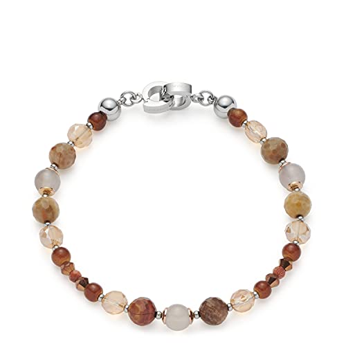 Leonardo Caralina Clip&Mix Armband aus Edelstahl 1 Stück, Perlen-Armband Silber mit Glas-, Achat-und Goldflussperlen beige braun, Damenschmuck, 021540