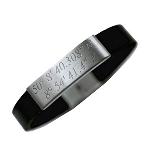 Tinasfunshop Echt Leder Armband 12 mm Koordinaten mit Edelstahl Gravurplatte und Edelstahl Verschluss einschließlich Ihrer Wunschgravur Gravurfarbe Silber (27)