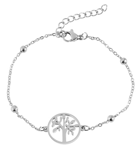 Akzent Fami Damen-Armband Edelstahl Lebensbaum Kugeln 17+3 cm Karabinerverschluss Frauen Geschenk (silberfarbig)