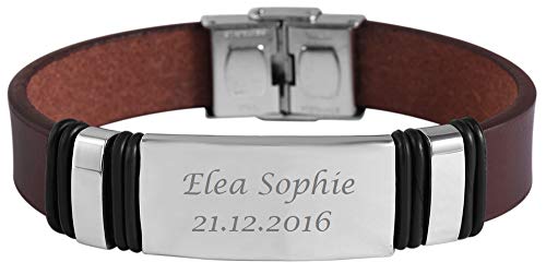 Hanessa Personalisiertes Armband mit Gravur für Männer und Frauen Edelstahl Leder hellbraun silber schwarz Länge 22 cm | Personalisierte Armbänder mit Namen Herren Damen
