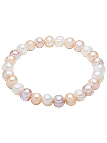 Valero Pearls Damen-Armband elastisch Hochwertige Süßwasser-Zuchtperlen ca. 8 mm Barock weiß/apricot/flieder - Perlenarmband mit echten Perlen