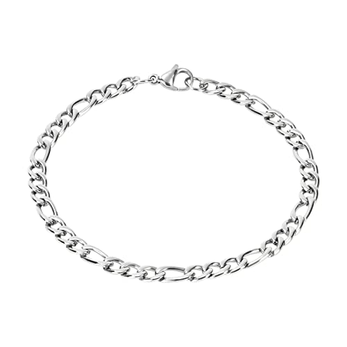 flintronic Edelstahl Armband, Figaro Armband,Panzerkette Armband Cuban Link Armband für Mann Frau, hypoallergener Schmuck, 21cm Länge/6mm Breite, Armkette Armreif für Herren- Silber