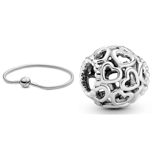 PANDORA Damen-Armband mit Kugelverschluss, glatt 925 Silber 18 cm-590728-18 & All Over-Herzen Charm Sterling-Silber 11 x 11 x 10,7 mm (T/H/B)