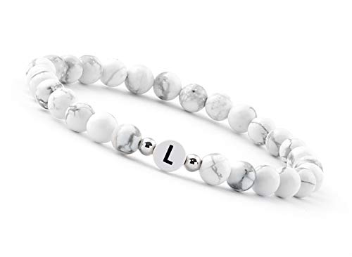 GD GOOD.designs Pärchen Armband mit Buchstaben L I Partnerarmband aus Howlith Perlen (Buchstabe W) - Valentinstag - Geschenk für Sie und Ihn