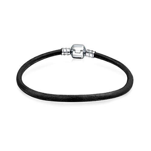 Bling Jewelry Einfaches Echtes Schwarzes Lederarmband Für Frauen Für Starter Charme Passt Europäischen Perlen .925 Sterlingsilber 7.5 Inches