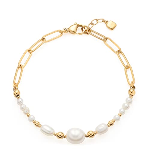 Leonardo Jewels Inka Armband aus Edelstahl, goldfarbenes Gliederarmband mit weißen Süßwassezucht-und Edelstahl-Perlen, Damen Modeschmuck, 022063