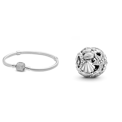 Pandora Damen-Armband Pavé-Kugelverschluss 925 Silber Zirkonia weiß 20 cm - 590723CZ-20 & Offen gearbeitetes Seestern, Muschel und Herzen Charm Silber, 11 x 11 x 9,8 mm