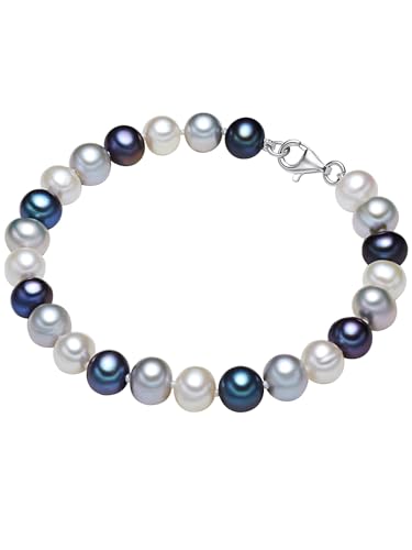 Valero Pearls Damen Perlenarmband Süßwasser-Zuchtperlen 7-8 mm Potato weiß/silber/blau 925 Sterling Silber - Armband geknotet Multicolor