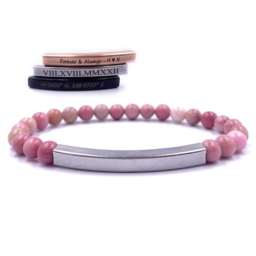 Armbänder mit Individueller Gravur des Namens Textes, Personalisiertes Stretch-Armband mit Natursteinperlen für Frauen, Lasergravierter Edelstahlstab, Schmuckgeschenke für Paare, 6mm (Rhodonite)