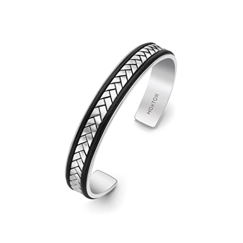HOXTON LONDON Herren Sterling Silber Fischgrät Leder eingelegter Manschetten Armreif