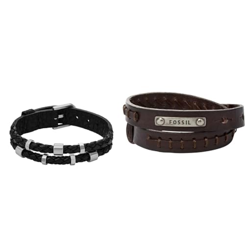 Fossil Armband für Männer Leather Essentials, Schwarzes Lederarmband, Länge: 256mm, Breite: 13.7mm, JF04473040 & Herrenarmband Doppelwickel in braun, JF87354040