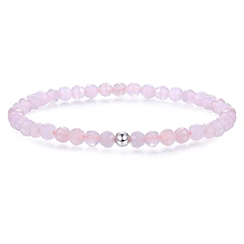 JeweBella 4mm Perlenarmband Damen mit 925 Silber Perle Armband Rose Quartz Amethyst Obsidian Mondstein Hämatit Natürliche Edelstein Armband Damen Herren Stretch Facettierte Perlen Armbänder