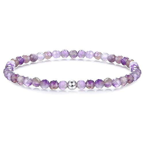 JeweBella Bracelet 4mm Perlenarmband Damen mit 925 Silber Perle Armband Rose Quartz Amethyst Obsidian Mondstein Hämatit Natürliche Edelstein Armband Damen Herren Stretch Facettierte Perlen Armbänder