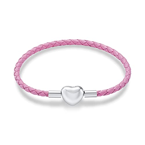 NINGAN Leder Charm Armband für Frauen Mädchen passen Sterling Silber Liebe Herz Druckknopf Perle, Muttertag Geburtstag Schmuck Geschenke, Pink 7,9 Zoll / 20 cm Armband
