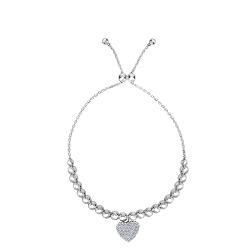 Sterling Silber Perlen und CZ Herz Charme Element verstellbar Bolo Freundschaft Armband, 23,5 cm