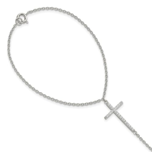 Armband aus 925er-Sterlingsilber, poliert, Zirkonia, simulierter Diamant, religiöses Glaube, Kreuz, befestigter Ring, Armband, Größe N 1/2, Schmuck-Geschenke für Frauen