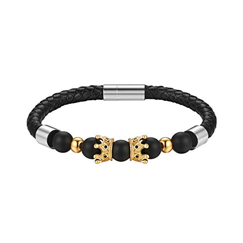 JewelryWe Leder Armband Herren Krone: King & Queen Lederarmband Gold Krone schwarz Onyx Achat Kugel Perlen Echtleder geflochten Armreif Freundschaft Partner Armband mit Silber Edelstahl Verschluss