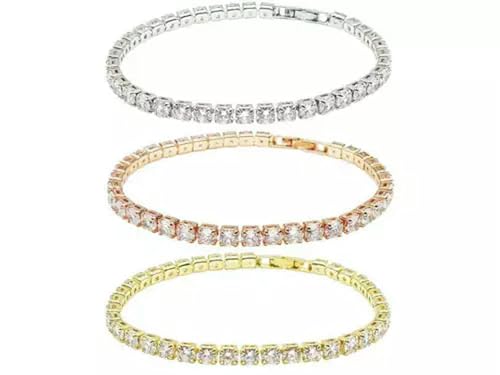 Tennisarmband für Damen, 18 Karat Weißgold, plattiert, rund, Zirkonia, 4 mm, 18 cm, 3 Farben, Silber