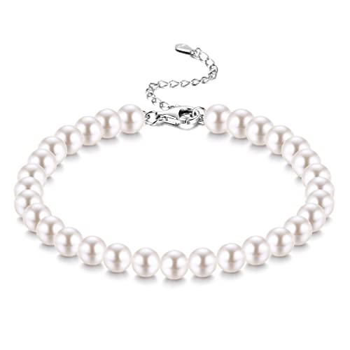 JeweBella 4MM/6MM/8MM/10MM Perlenarmband Damen Silber 925 Armband Perlen für Frauen Mädchen Länge 18+6CM Verstellbar Klassische Weiß Pearls Armband mit Box