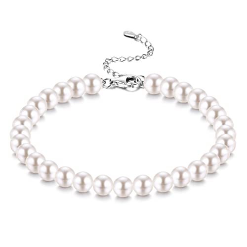 JeweBella 4MM/6MM/8MM Perlenarmband Damen Silber 925 Armband Perlen für Frauen Mädchen Länge 18+6CM Verstellbar Klassische Weiß Pearls Armband mit Box