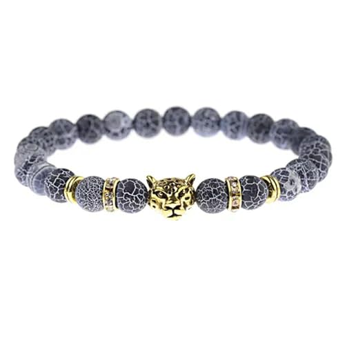 Armband zur Angstlinderung für Herren, aus Holz mit Lavasteinperlen, Dehnbare Diffusor-Armbänder – Goldener Leopard