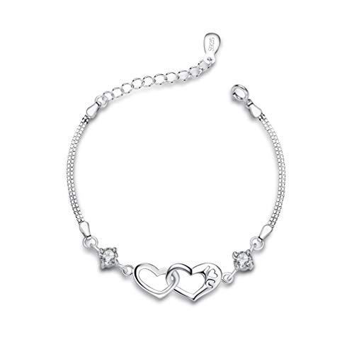 Bo&Pao Herz Armband Damen 925 Sterling Silber, Herz Armkette Frauen mit weißen Zirkonia, 20 cm, verstellbar