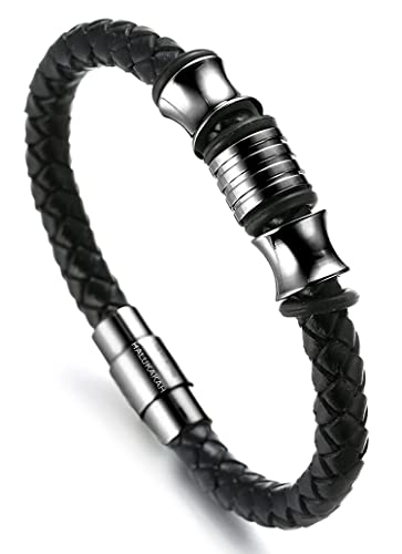 Halukakah ? Solo ? Herren Armband Handgefertigt | Echtleder Klassisch Schwarz | Magnetverschluss Edelstahl in Schwarz | Titan Perlen in Schwarz | KOSTENLOS Geschenkbox | 21cm