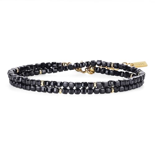 GAVU Kristall Doppelreih-Armband mit 3 mm facettierten schwarzen Turmalin Perlen Glücksarmband für Damen