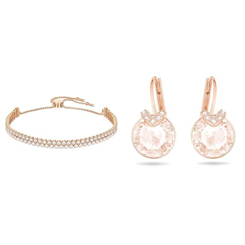 Swarovski Subtle Armband, Weiss, Roségold-Legierungsschic ht & Bella V Drop-Ohrhänger, Rundschliff, Goldfarben, Roségold-Legierungsschic ht